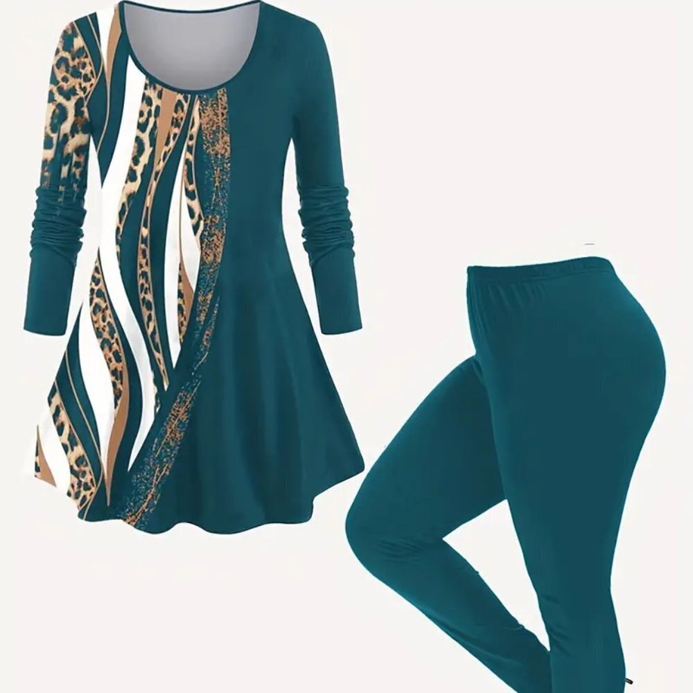 3X 4X 5X Plus Size High Waisted Tummy Control Legging & Peplum leopard top Green
